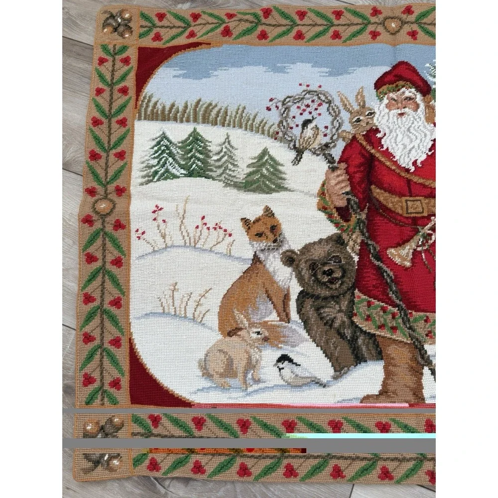 Vintage 1994 C&F Ent. Wool Needlepoint Santa Woodland Animals Tapestry 42X30